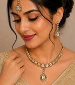 Light cyan (lct) color necklace set with earrings & maang tikka | kundan and agate stone | antique gold plating