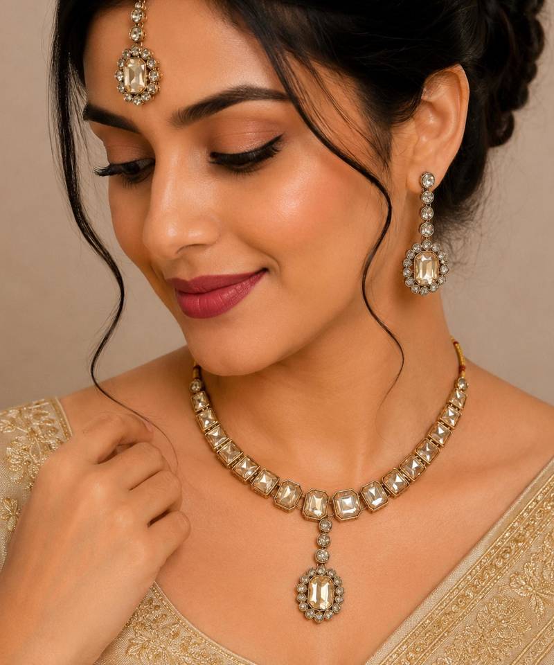 Light cyan (lct) color necklace set with earrings & maang tikka | kundan and agate stone | antique gold plating