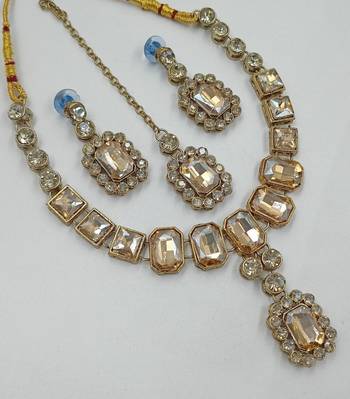 Light cyan (lct) color necklace set with earrings & maang tikka | kundan and agate stone | antique gold plating 2
