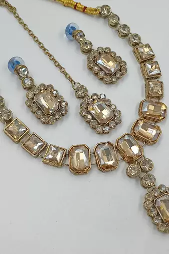 Light cyan (lct) color necklace set with earrings & maang tikka | kundan and agate stone | antique gold plating