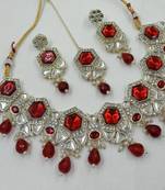 Maroon color necklace set with earrings & maang tikka | kundan & agate stone | lekar gold plating