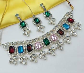 Multy color necklace set with earrings & maang tikka | kundan & agate stone | lekar gold plating 1