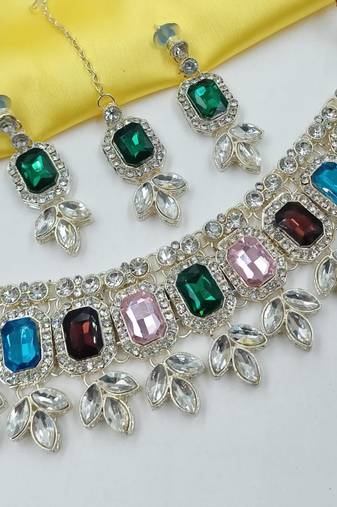 Multy color necklace set with earrings & maang tikka | kundan & agate stone | lekar gold plating