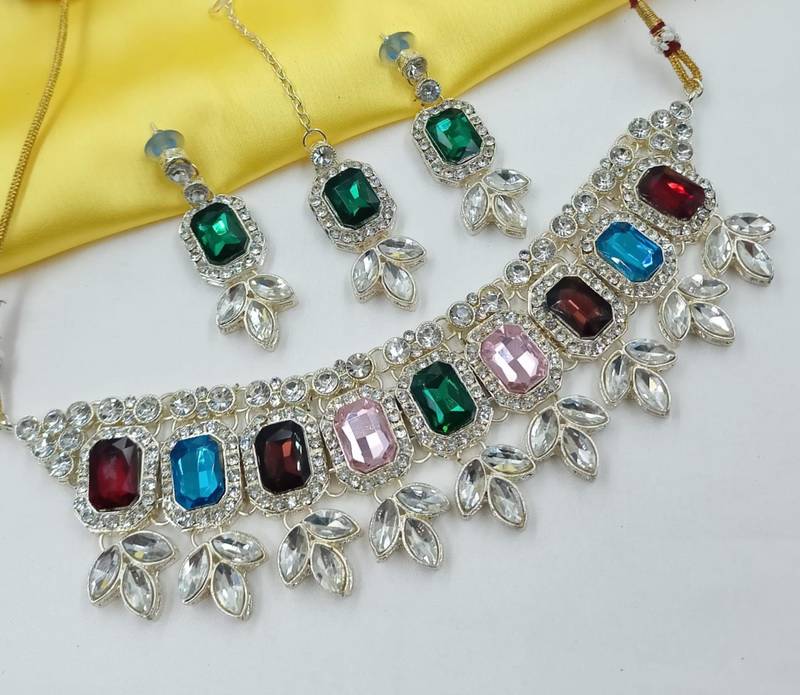 Multy color necklace set with earrings & maang tikka | kundan & agate stone | lekar gold plating