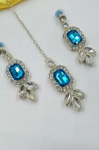 Firoja color necklace set with earrings & maang tikka | kundan & agate stone | lekar gold plating