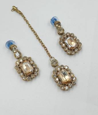 Light cyan (lct) color necklace set with earrings & maang tikka | kundan and agate stone | antique gold plating 4