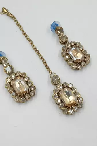 Light cyan (lct) color necklace set with earrings & maang tikka | kundan and agate stone | antique gold plating