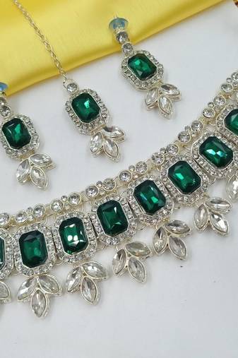 green color necklace set with earrings & maang tikka | kundan & agate stone | lekar gold plating
