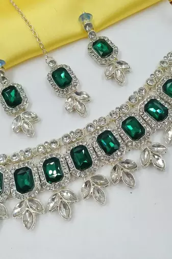 green color necklace set with earrings & maang tikka | kundan & agate stone | lekar gold plating