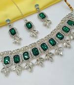 green color necklace set with earrings & maang tikka | kundan & agate stone | lekar gold plating