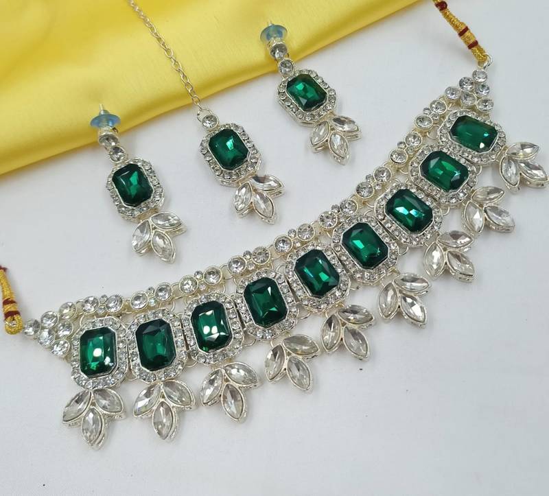 green color necklace set with earrings & maang tikka | kundan & agate stone | lekar gold plating