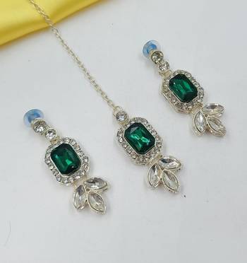 green color necklace set with earrings & maang tikka | kundan & agate stone | lekar gold plating 2