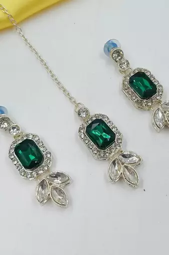 green color necklace set with earrings & maang tikka | kundan & agate stone | lekar gold plating