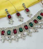 Maroon green color necklace set with earrings & maang tikka | kundan & agate stone | lekar gold plating