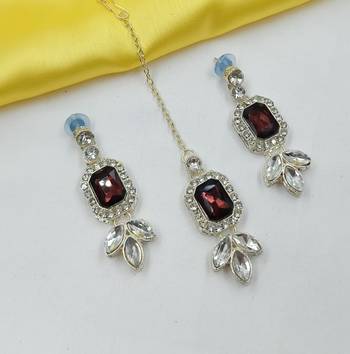 Majnat color necklace set with earrings & maang tikka | kundan & agate stone | lekar gold plating 2