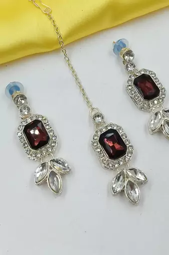 Majnat color necklace set with earrings & maang tikka | kundan & agate stone | lekar gold plating