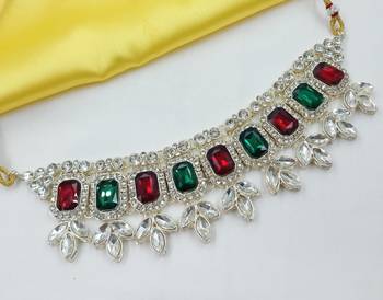 Maroon green color necklace set with earrings & maang tikka | kundan & agate stone | lekar gold plating 2
