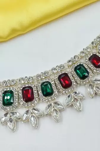 Maroon green color necklace set with earrings & maang tikka | kundan & agate stone | lekar gold plating