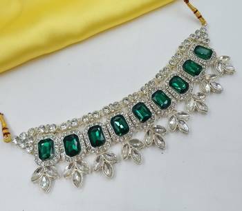 green color necklace set with earrings & maang tikka | kundan & agate stone | lekar gold plating 3