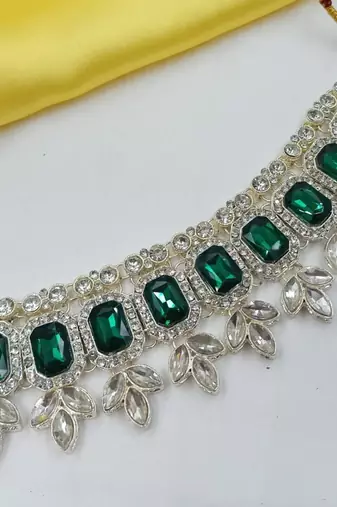 green color necklace set with earrings & maang tikka | kundan & agate stone | lekar gold plating