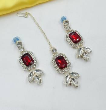 Maroon green color necklace set with earrings & maang tikka | kundan & agate stone | lekar gold plating 3