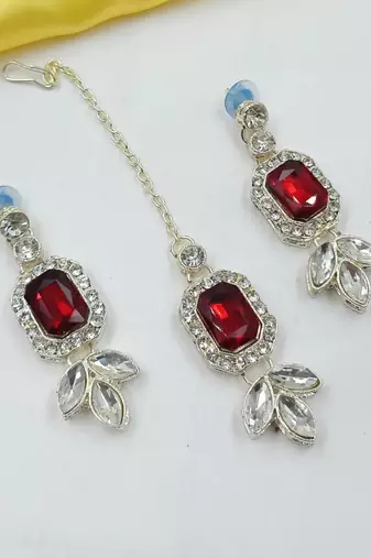 Maroon green color necklace set with earrings & maang tikka | kundan & agate stone | lekar gold plating