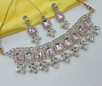 Beby pink color necklace set with earrings & maang tikka | kundan & agate stone | lekar gold plating 1