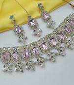 Beby pink color necklace set with earrings & maang tikka | kundan & agate stone | lekar gold plating