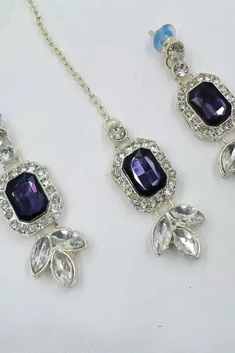 Purple color necklace set with earrings & maang tikka | kundan & agate stone | lekar gold plating