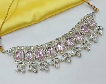 Beby pink color necklace set with earrings & maang tikka | kundan & agate stone | lekar gold plating 2