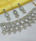 White color necklace set with earrings & maang tikka | kundan & agate stone | lekar gold plating