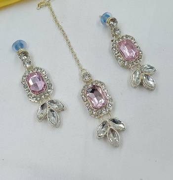 Beby pink color necklace set with earrings & maang tikka | kundan & agate stone | lekar gold plating 3