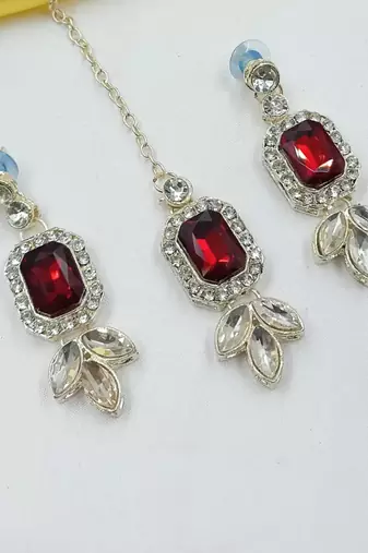 Maroon color necklace set with earrings & maang tikka | kundan & agate stone | lekar gold plating
