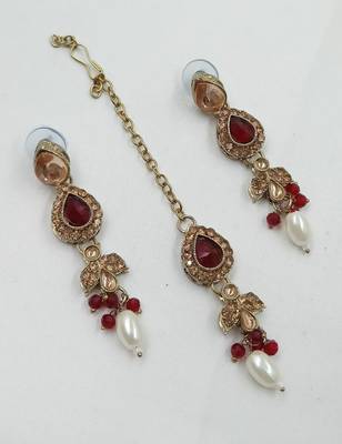 Maroon green color necklace set with earrings & maang tikka | kundan and agate stone | antique gold plating 3