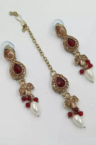 Maroon green color necklace set with earrings & maang tikka | kundan and agate stone | antique gold plating