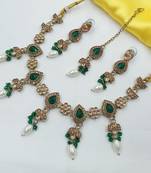Green color necklace set with earrings & maang tikka | kundan and agate stone | antique gold plating