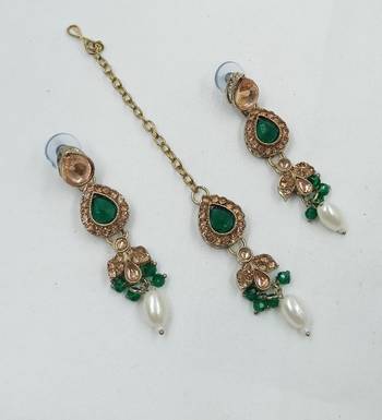Green color necklace set with earrings & maang tikka | kundan and agate stone | antique gold plating 2