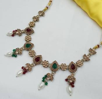 Maroon green color necklace set with earrings & maang tikka | kundan and agate stone | antique gold plating 4