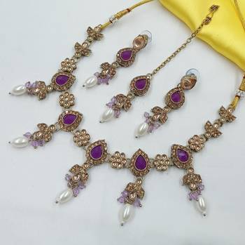 Purple color necklace set with earrings & maang tikka | kundan and agate stone | antique gold plating 2