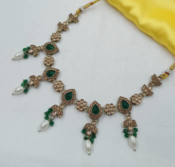 Green color necklace set with earrings & maang tikka | kundan and agate stone | antique gold plating 3