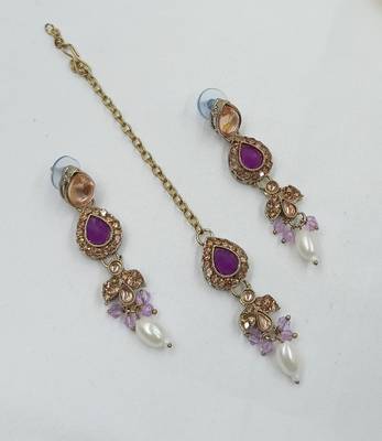 Purple color necklace set with earrings & maang tikka | kundan and agate stone | antique gold plating 3