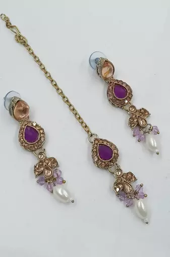 Purple color necklace set with earrings & maang tikka | kundan and agate stone | antique gold plating