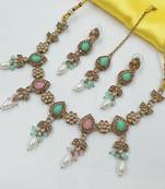 Pista pink color necklace set with earrings & maang tikka | kundan and agate stone | antique gold plating