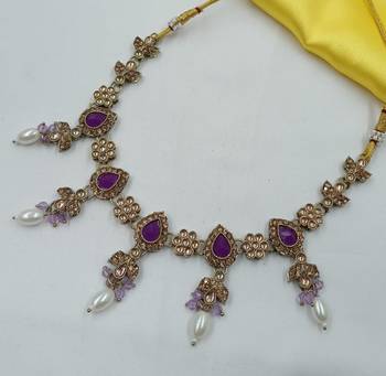 Purple color necklace set with earrings & maang tikka | kundan and agate stone | antique gold plating 4