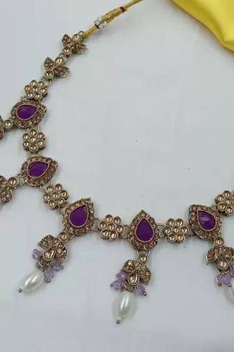 Purple color necklace set with earrings & maang tikka | kundan and agate stone | antique gold plating