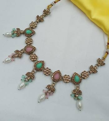 Pista pink color necklace set with earrings & maang tikka | kundan and agate stone | antique gold plating 2