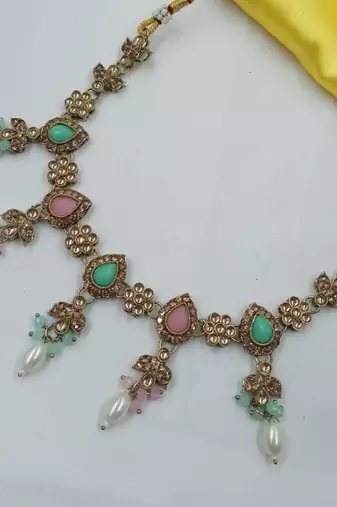 Pista pink color necklace set with earrings & maang tikka | kundan and agate stone | antique gold plating