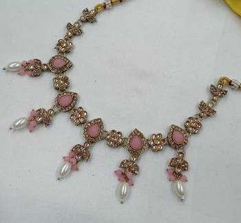 Beby pink color necklace set with earrings & maang tikka | kundan and agate stone | antique gold plating 2