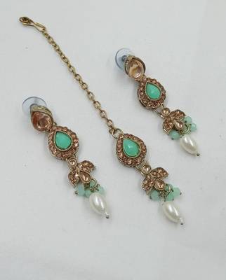 Pista pink color necklace set with earrings & maang tikka | kundan and agate stone | antique gold plating 3