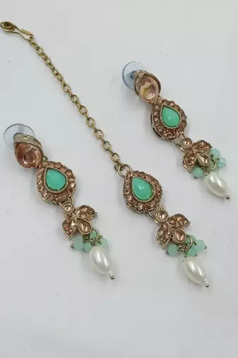 Pista pink color necklace set with earrings & maang tikka | kundan and agate stone | antique gold plating